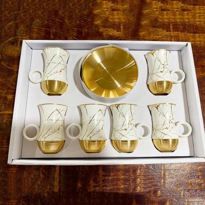 China Sale Arabic Design 12 Pcs White Gold Tea Sets Gift Hot Viable Marbling Ceramic Turkish Coffee Cups Set for sale