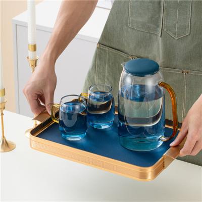 China Home Hotel Restaurant New Design Gold Rim Handles Tea Coffee Cup Luxury Glass Serving Trays Set Leather Tray Decorative Trays For Homes for sale