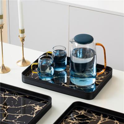 China Custom Modern Black Marble Decorative Food Tray Home Restaurant Gold Rectangle Cake Tea Dinner Tempered Glass Mirror Food Serving Trays for sale