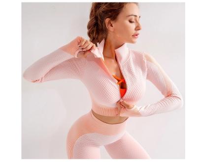 China 2021 breathable hot sale zipper sports tight long sleeve suit fitness and yoga wear seamless work out set for women for sale