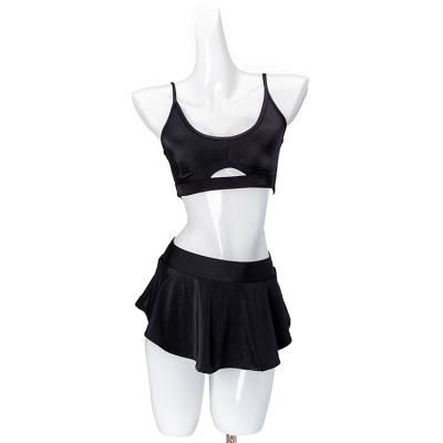 China Top& Skirt Wholesale Price Black Nylon Sexy Ladies Workout Fitness Clothes Halter With Top Women Plus Size Ruffle Shorts Pole Dance Wear for sale