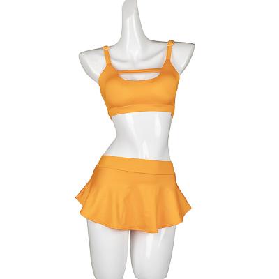 China Top& Skirt Ready To Ship Matte Orange Nylon Ladies Mid High Waist Gym Workout Set Skorts And Skirts Pole Female Fitness Dance Wear for sale