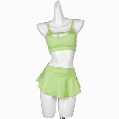 China Top& Matte Nylon Ladies Gym Set Mid High Waist Hot Sexy Green Women's Active Pole Wear Ruffle Shorts Fitness Dance Wear for sale