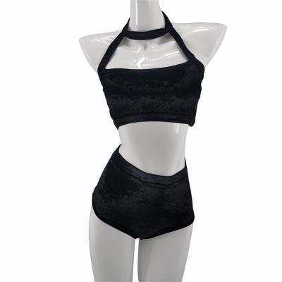 China Top& New Style Velvet Women Pole Crop Sexy Ladies Gym Shorts Black Top High Waist Bottom Set Exotic Dance Wear for sale