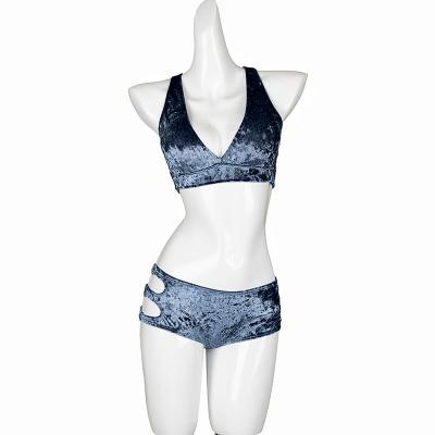 China Top& New Style Teal Velvet Ladies Pole Classic Bottom Top Mid High Waist Pants Gym Fitness Sets Sexy Women Exotic Dance Wear for sale