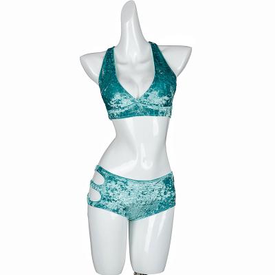 China Top& Bottom Hot Sale Sea Velvet Ladies Green Classic Top Clothes Mid High Waist Short Wear Gym Fitness Sets Sexy Women Pole Dance Clothes for sale