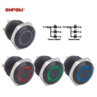 China ONPOW 3 LED RGB Black Aluminum Color Black Push Button Switch (GQ16F-10E/J/RGB/A, Waterproof IP65, CE, RoHS) for sale