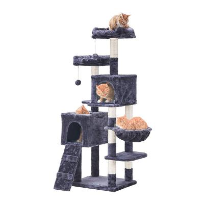 China Large Wood Stocked Kitten Climbing House Cat Tree House with Cat Sisal Rope Scratching Post Hammock Hanging Ball for sale