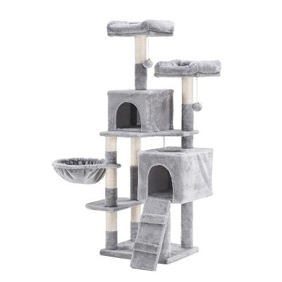 China Custom Pet Stocked Kitten Climbing Racks Eco Friendly Cat Tree Wood House Deluxe With Sisal Lined Mail Hammock for sale