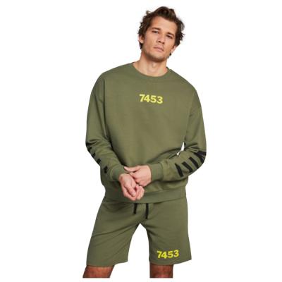 China Breathable Mens Army Green Round Neck Printing Sweatshirt And Drawstring Shorts 2 Pieces Cor Set for sale