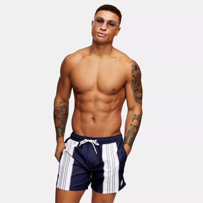 China 2020 Custom Men's Breathable Swimwear White Stripe Beach Wear Waistband Elastic Swimming Trunks With Drawstring for sale