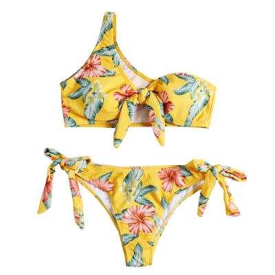 China 2021 Fashion Breathable Swimwear Yellow Floral Print Tied Bikini One Shoulder Women 2 Piece Set for sale