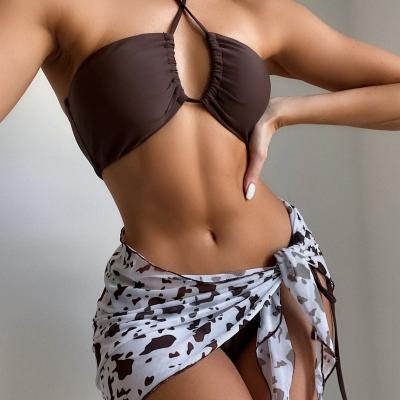 China 2022 New Custom Antibacterial Sexy 3 Piece Micro Bikini Set Beach Wear Halter Bandeau Swimsuit Women Double Side Tie Thong Swimwear With Skirt for sale