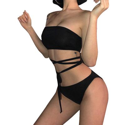 China Hot Selling Breathable 2 Piece Bandeau Sheer Black Sexy Bikini Women Mid Waisted Swimsuit for sale