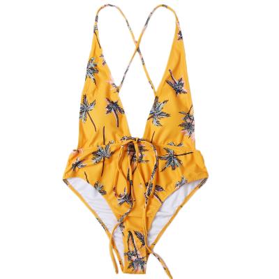 China Breathable Company Custom 2022 New Floral Printing Backless Swimsuit Beach Wear Cross V-Neck Deep Bikini One Piece Backless Sexy Swimwear for sale