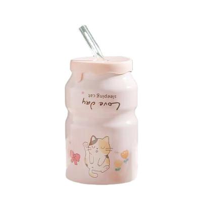 China Viable Wholesale Japanese Creative Ceramic Cartoon Straw Cartoon Cup Cute Student Yogurt Cup With Lid for sale