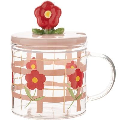 China Tulip Flower Glass Cup INS Girls Summer Sustainable Water Cup With Lid Spoon Household Water Cup for sale