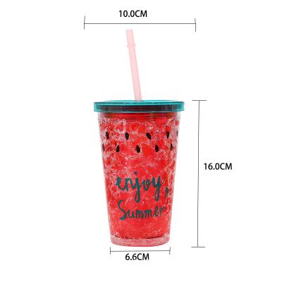 China Double Layer Viable Watermelon Crushed Convenient Ice Cup Sippy Cup Drink Water Milk Tea Portable Plastic Bottle for sale