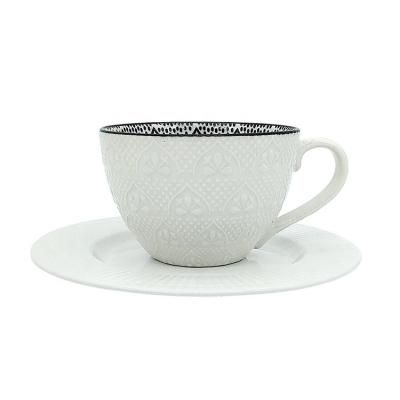 China Source Supplier Craft 12oz Undercoat Viable Custom Relief Embossed Ceramic Coffee Mug With Saucer Tray for sale