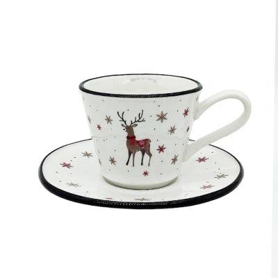 China Sustainable Nordic Luxurious Reindeer Snowflake Cartoon Christmas Ceramic Coffee Mugs Set With Saucer for sale