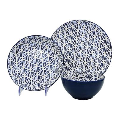 China Hot Selling Triangle Print Safe Elegant Safe Touch Blue Ceramic Dinner Plate And Bowl Set For Tableware for sale