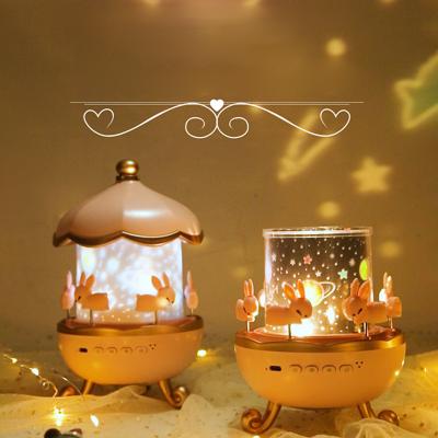 China 2021 New USB Musical Modern Rotating Horses Carousel Sky Star Projector Night Lights For Kids Birthday Party Gift Pink for sale