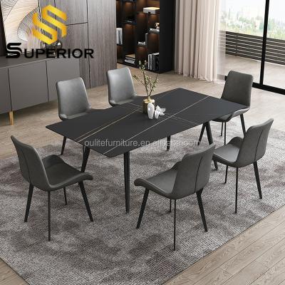 China (Other) Iron Base Adjustable Industrial Luxury Black Sinter Stone Top Dining Table for sale