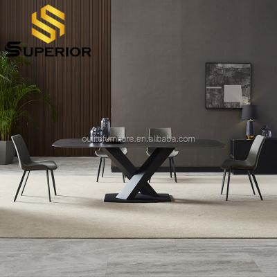 China (Other) Adjustable Italian Modern Black Metal Leg Slate Marble Dining Table Set for sale