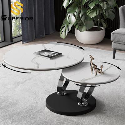 China (Other) Modern Adjustable Round Marble Coffee Table Sets Rotating Gold Metal Base Living Room Furniture for sale