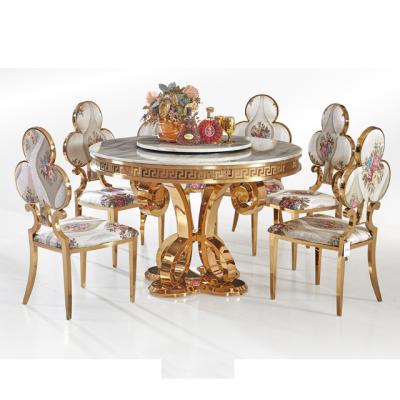 China Modern Wedding Turned Round Gold Frame Marble Pattern Dining Table Set For Banquet Hall for sale