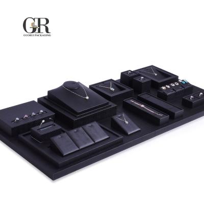 China Guorui Handmade Wholesale Black Customization Soft PU Leather Ring Necklace Tray Jewelry Display Set for sale