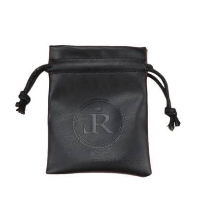 China Durable Black Embossed Custom Printed Logo PU Artificial Leather Jewelry Pouch With Drawstring for sale