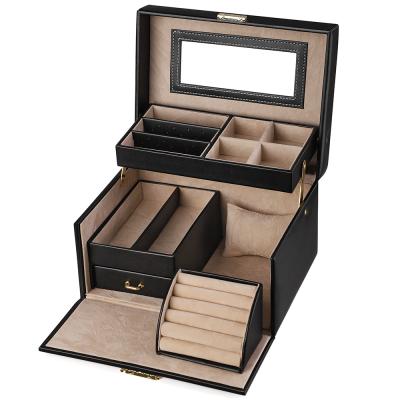 China Factory Direct Selling Leather Jewelry Box Factory Guorui 3 Layer Wooden Organizer With Mirror Black for sale