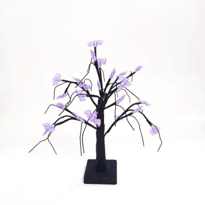 China Decorative Tree Light Party Holiday Halloween 55cm Table Top Tree Light with Black Glitter Branch and Purple Bats Indoor Use for sale