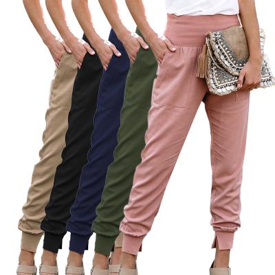 China Anti-Wrinkle Women's Pants And Trousers Fashion Ladies High-Waisted Solid Side Pocketed Waist Women's Casual Joggers Pants for sale