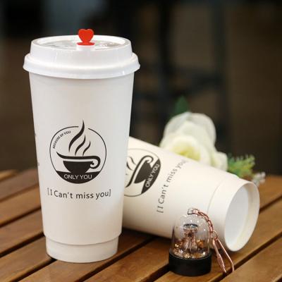 China Recycled materials PE liner PLA wall disposable double cavity compostable paper cups for coffee with plastic lids and customized logo for sale