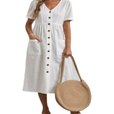 China New Beach Resort V-Neck Casual Loose Cotton Anti-Static Plain Stud Button Pocket Canvas Dress for sale