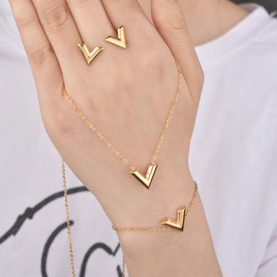 China Simple Fashion Simple Gold Plated 316L Stainless Steel V Shaped Letter Jewelry Sets For Women Earrings Necklace Bracelet for sale