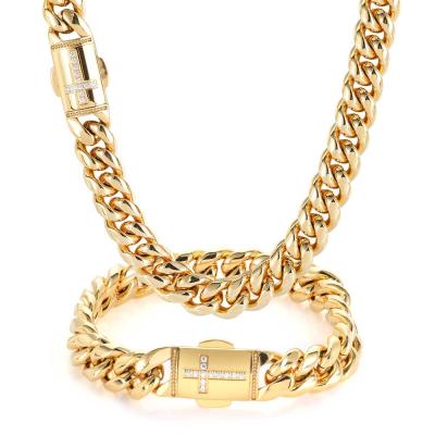 China Hot Sale 12mm Hiphop Stainless Steel Necklace Jewelry CNC Setting Diamond Clasp Gold Cuban Link Chain For Men for sale