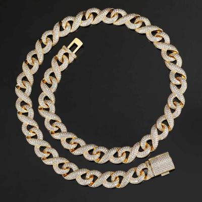 China Hiphop Hip Hop 15mm Cuban Link Necklace Chain Men CZ Diamond Gold Plated Necklace Jewelry for sale