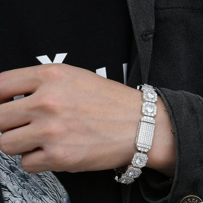 China Hiphop Hip Hop 12MM Bling Iced Out Zircon Square CZ Stone Diamond Silver Bracelet Men for sale