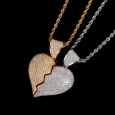 China Environmental Friendly Broken Heart Necklace Iced Out CZ Two Half Hearts Diamond Pendants Couples Jewelry for sale