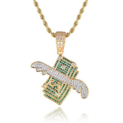 China Environmental Friendly Wholesale Yellow Gold Plated Dollar Bills With Wing Pendant Money Flying Necklace for sale