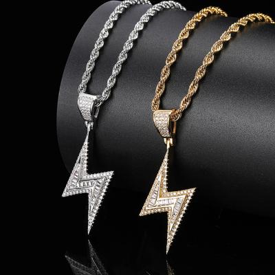 China Environmentally Friendly Pendants And Charms Bling CZ Lightning Bolt Wand Iced Out Pendant Necklace for sale