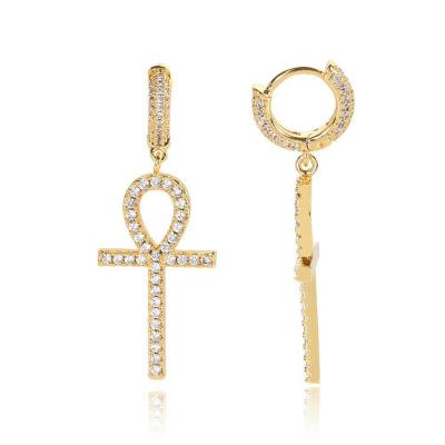 China Hiphop Gold Plated Ankh Cross Hanging Earrings Iced Out Bling Zircon CZ Circle Earrings for sale