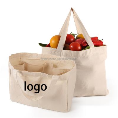 China Nature Resistant Reusable Eco-Friendly Reusable Organic Cotton Canvas 6 Pockets 6 Compartments Logo Tote Shopping Bag Custom Made for sale