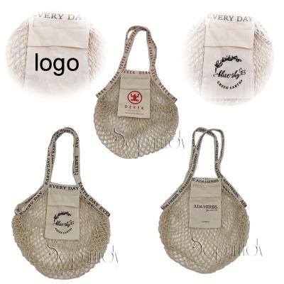 China 100% Custom Reusable Eco-Friendly Logo Printing Cotton Fruit Vegetable Grocery Pocket Net Eco-Friendly Reusable Mesh Bag With Logo On Handle for sale