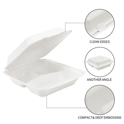 China Heatable Clamshell Biodegradable Disposable Lunch Box Bagasse Takeout Food for sale