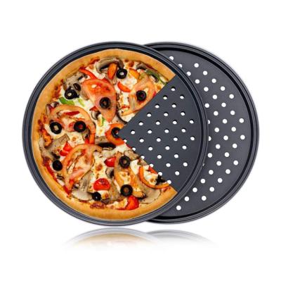 China Carbon Steel Stocked Perforated Tray Tool Crispy Nonstick 12 Inch Round Home Kitchen Pizza Pan With Holes for sale