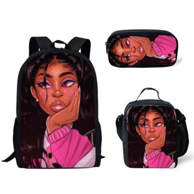 China Art Afro Lady Girls School Bags Kids 3pcs Lightweight Black School Bag Set Preppy School Backpack Children Bookbags Students for sale